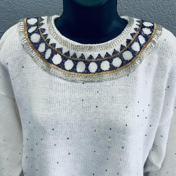 Bonnie Boerer & Company 80s Vintage Ramie/Cotton Beaded Collar Sweater - Small - Picture 1 of 8